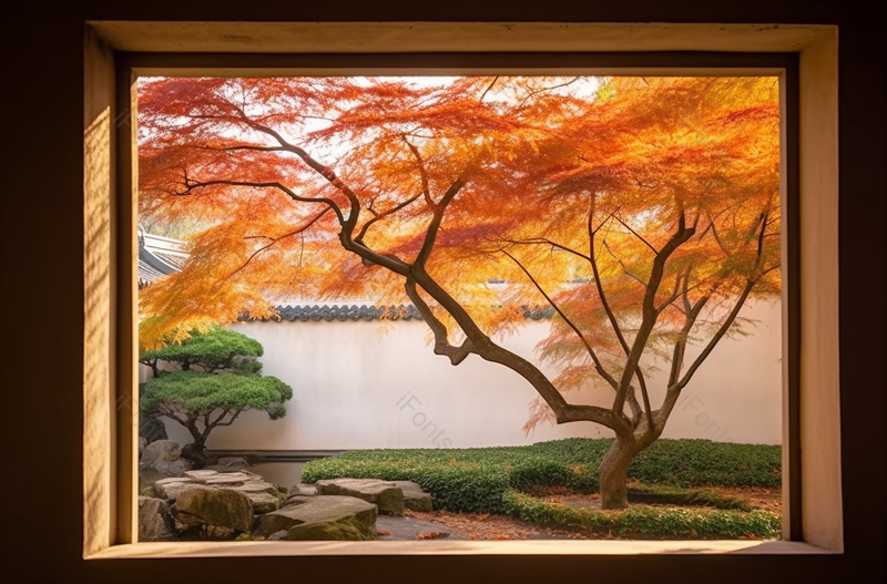 中国杭州绚丽多彩的秋景从窗户口望向室外园林枫树树木秋天秋季景色图像摄影,高清,摄影图,摄影图片,图片大全,摄影图免费下载